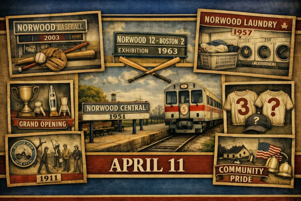 A collage featuring historical milestones in Norwood, including baseball from 2003, laundry services from 1957, and a train station sign for Norwood Central from 1951. The design includes imagery of sports equipment, a trophy, and a rocket, emphasizing community pride and local history.