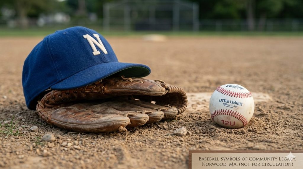 A baseball cap with an 'N' logo rests on a baseball glove, alongside a Little League baseball, on a dusty baseball field.