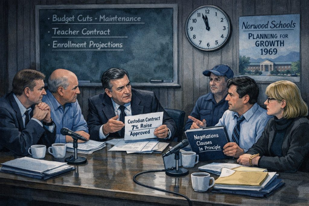 A group of six people seated around a table in a meeting room, discussing school-related matters. They are examining documents with titles like 'Custodian Contract' and 'Negotiations Clauses in Principle.' A blackboard with notes and a clock is visible in the background, along with a poster stating 'Norwood Schools Planning for Growth 1969.'