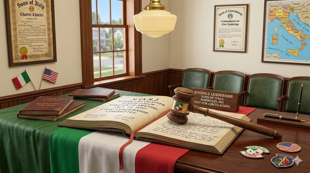 A wooden conference table displaying books, a gavel, and decorations such as flags and medals, set in a room featuring certificates on the walls and a large window.