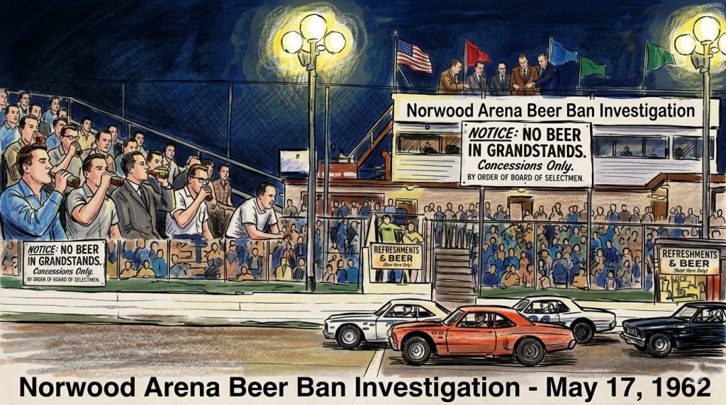 An illustration depicting a scene from the Norwood Arena Beer Ban Investigation on May 17, 1962, with spectators in the grandstands, some holding drinks, and a prominent sign stating 'No Beer in Grandstands'. Officials are visible discussing on a platform above.