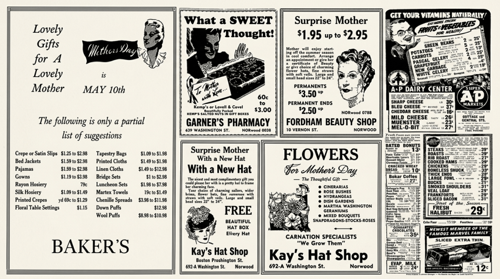 A vintage advertisement collage featuring promotions for Mother's Day gifts including clothing, beauty services, and flower arrangements from various local businesses.