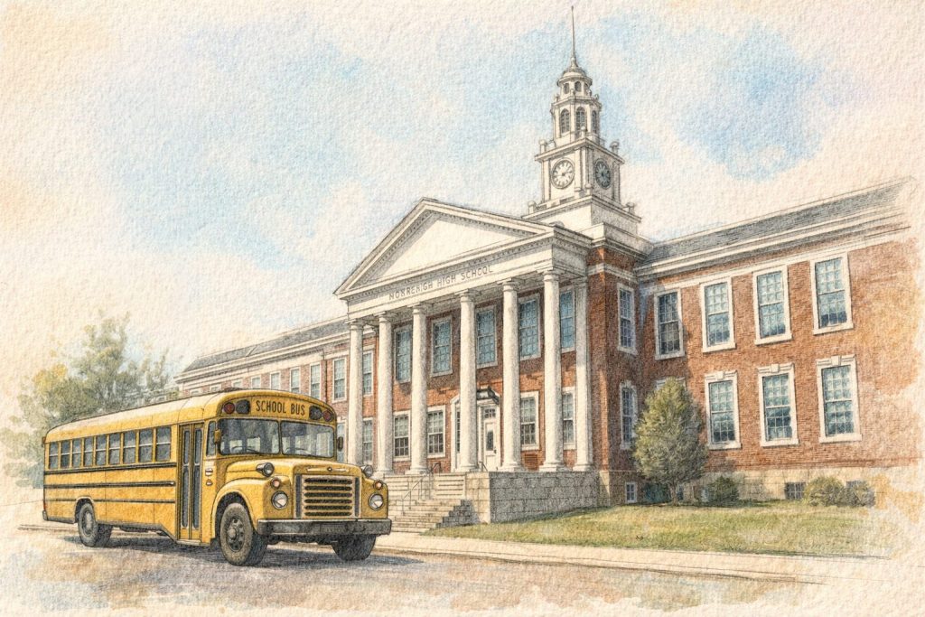 A watercolor illustration of a yellow school bus parked in front of a large brick high school building with a clock tower.