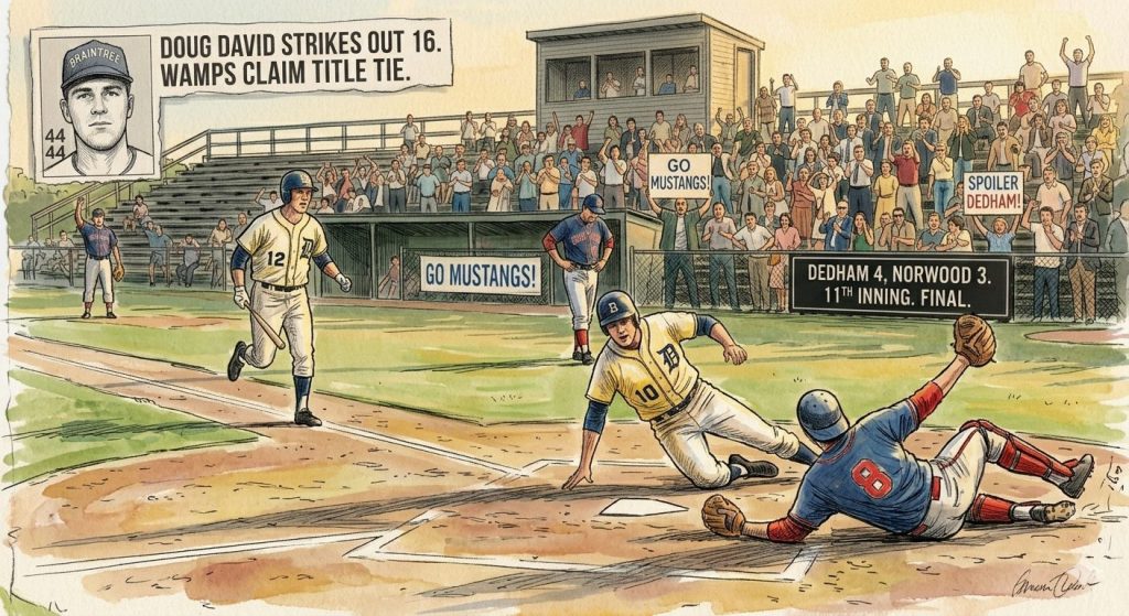 An illustrated baseball scene depicting two players at home plate, with a crowd cheering in the background. One player is sliding into home while the catcher attempts to tag him. The scoreboard shows Dedham 4, Norwood 3 in the 11th inning, alongside a headline about Doug David striking out 16 batters.