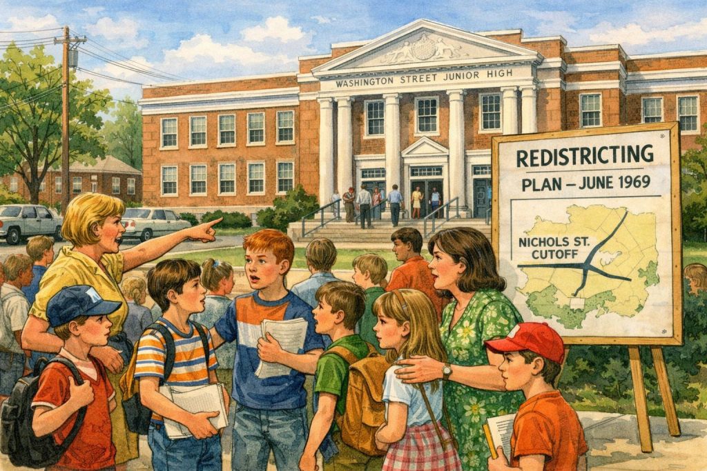 A group of children and adults gathered outside Washington Street Junior High, discussing a redistricting plan displayed on a sign. The scene is set in June 1969, with trees and cars visible in the background.