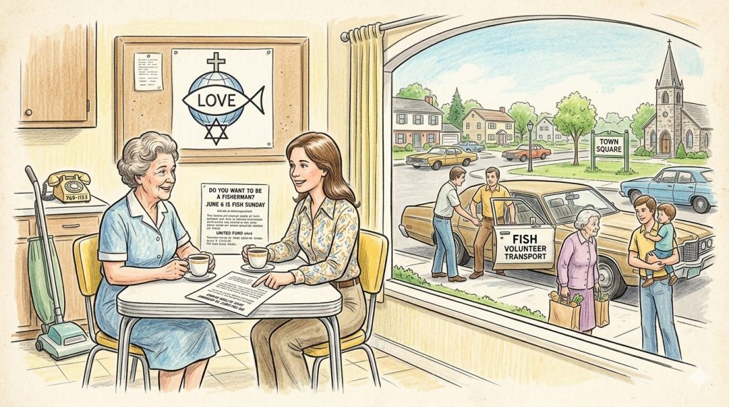 Two women sit at a table having coffee, discussing community involvement, with a flyer about a 'Fish Sunday' event visible on the table. In the background, a volunteer driver assists an elderly woman getting into a car labeled 'Fish Volunteer Transport' while another man helps her with groceries. A church and neighborhood can be seen through the window.