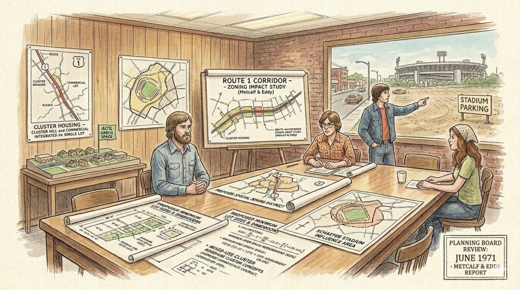 A planning meeting in a room with maps and diagrams on the walls and table, featuring two men and two women discussing zoning and development plans, with a view of a stadium and parking area outside.