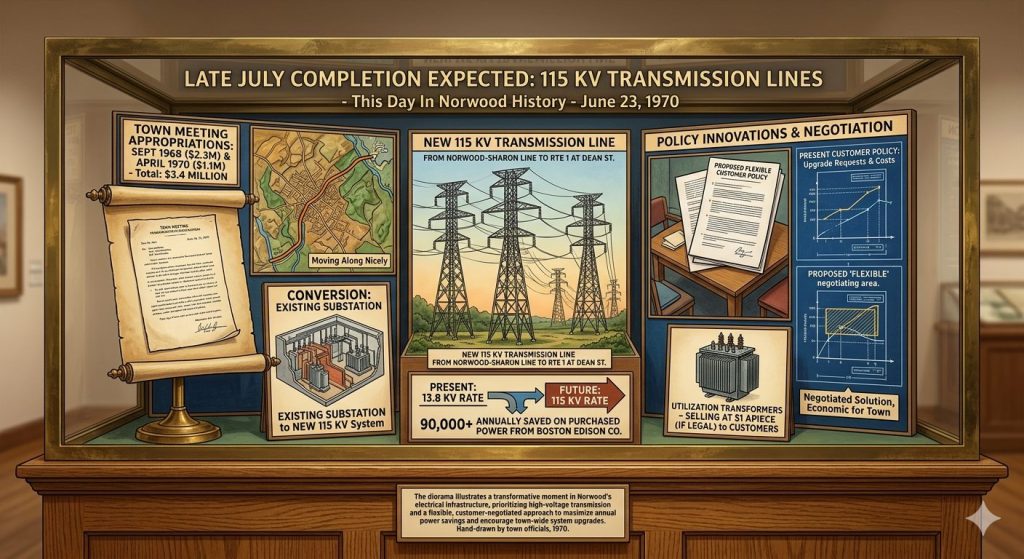 Historic display about the completion of 115 kV transmission lines in Norwood, detailing town meeting appropriations, conversion plans, and policy innovations from June 23, 1970.