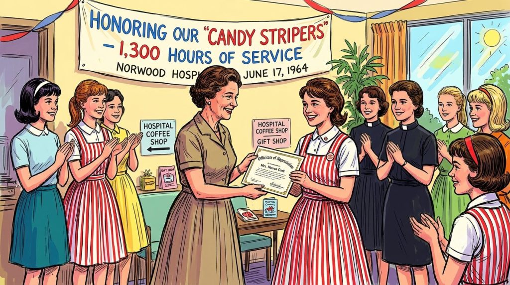 A vintage illustration depicting a group of young women, known as 'Candy Stripers', being honored for their service at Norwood Hospital on June 17, 1964. One woman is receiving a certificate from another as attendees applaud, with a banner in the background celebrating their 1,300 hours of service.