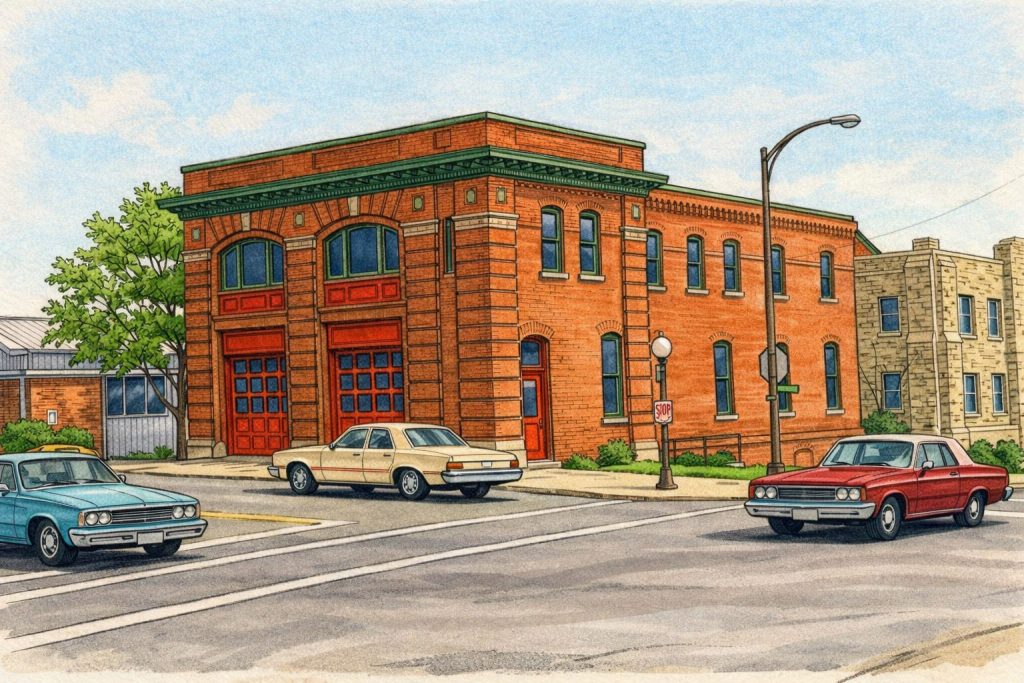 A colorful illustration of a brick fire station with red doors, flanked by green trees and several vintage cars parked on the street in front.