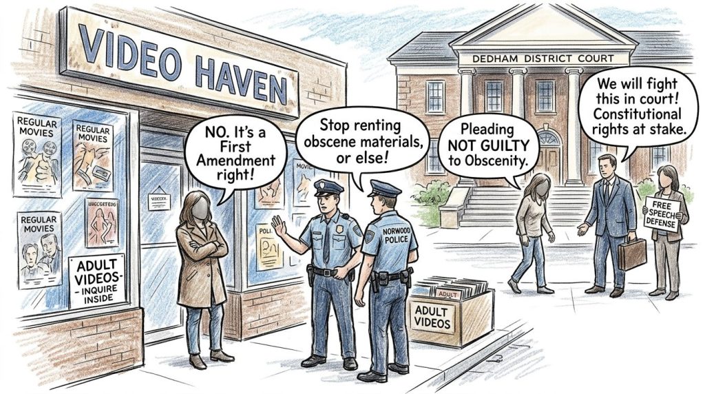 A cartoon scene depicting a storefront labeled 'VIDEO HAVEN' with two police officers confronting a woman outside. The woman argues about First Amendment rights, while one officer warns against renting obscene materials. In the background, a courthouse is visible with people discussing a legal defense regarding constitutional rights.