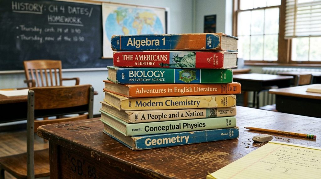 Stack of textbooks including Algebra 1, History, Biology, English Literature, Chemistry, Physics, and Geometry on a school desk