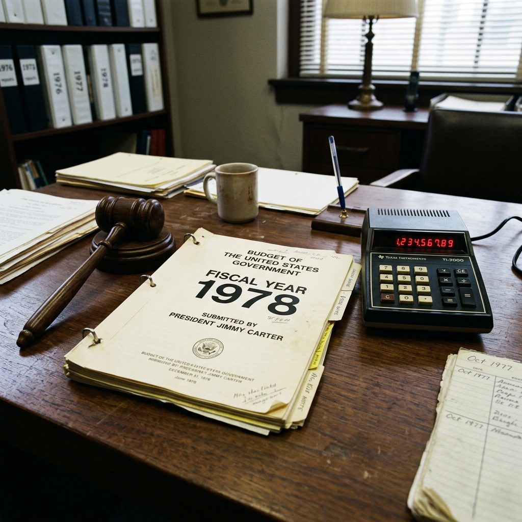 1978 US government budget document on a wooden desk alongside a gavel, calculator, pen, and coffee cup