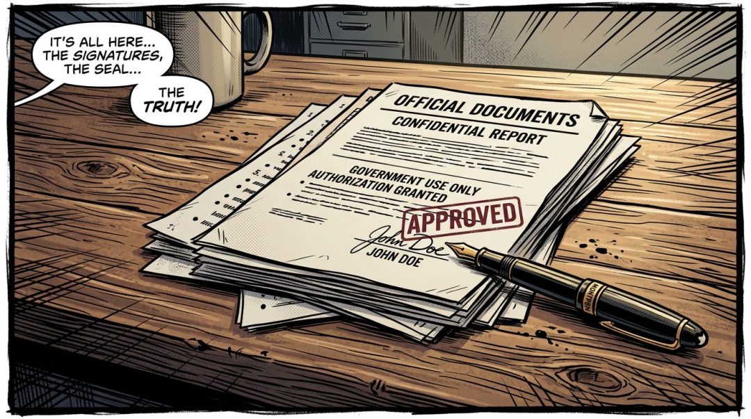 Stack of official confidential documents marked approved with signatures and a fountain pen on wooden table