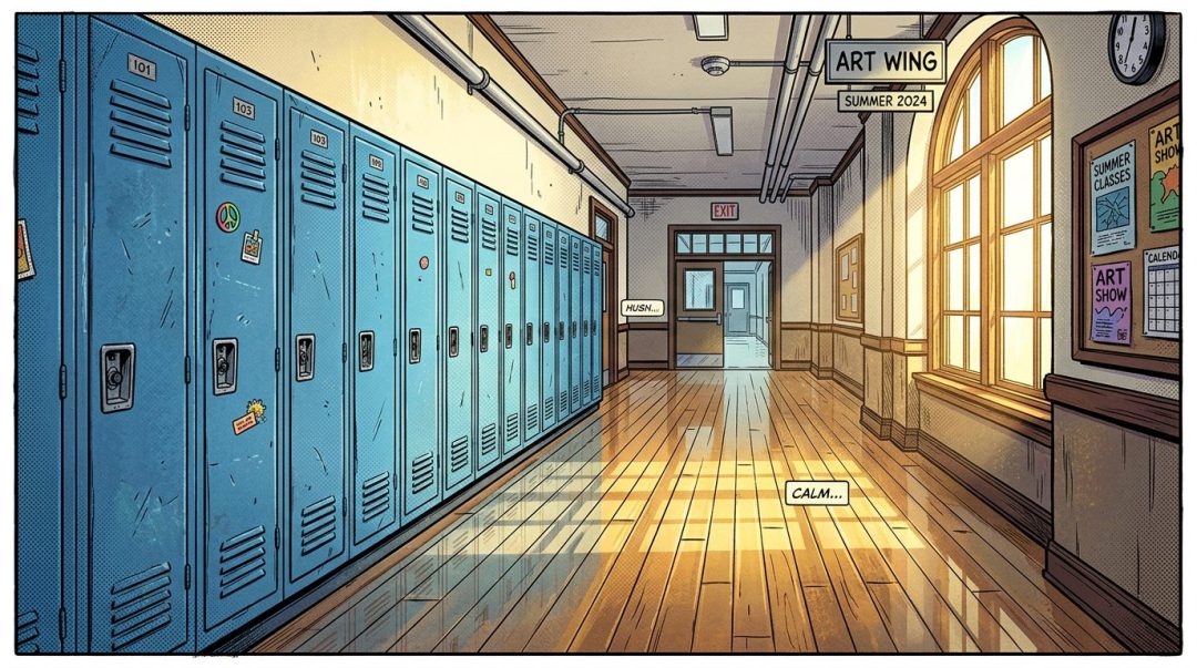 School hallway with blue lockers, wooden floor, sunlight streaming through large windows, and signs for art wing