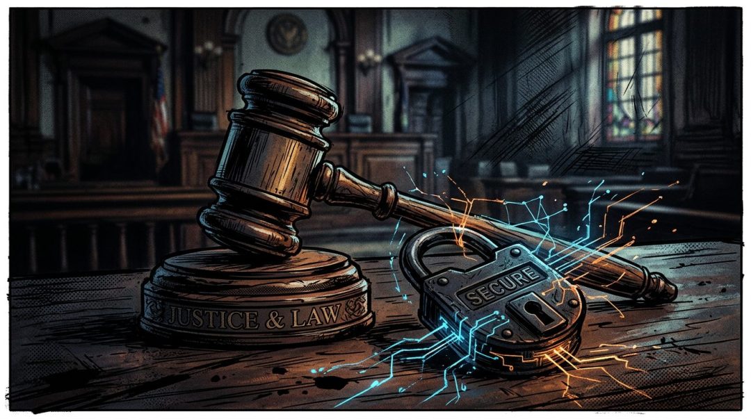 A wooden gavel beside a padlock labeled 'SECURE' emitting digital circuit patterns