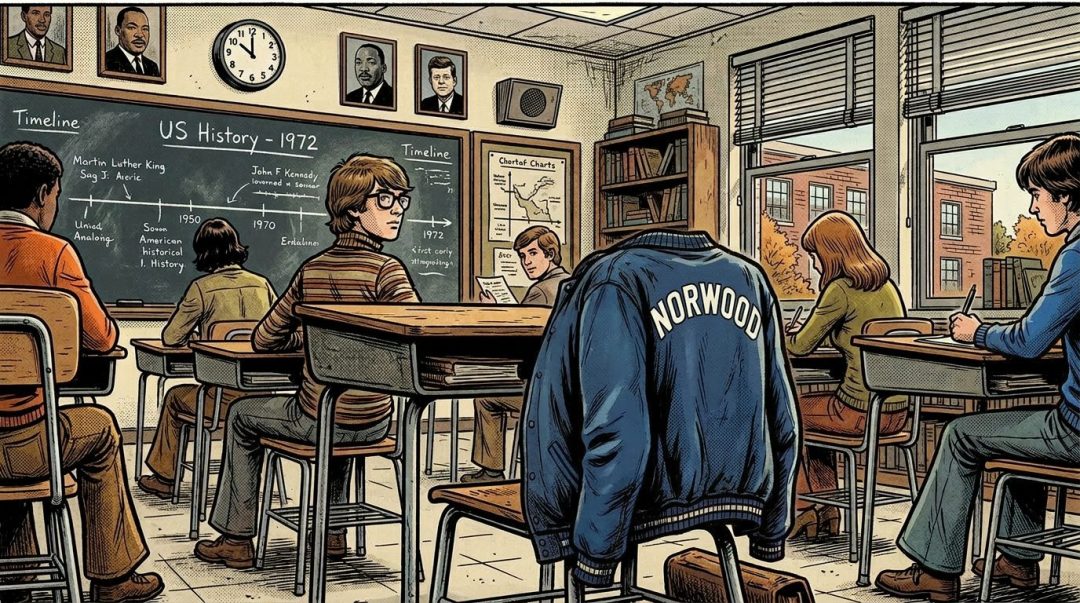 Classroom with students sitting at desks, US history timeline on chalkboard, and a Norwood jacket on a chair