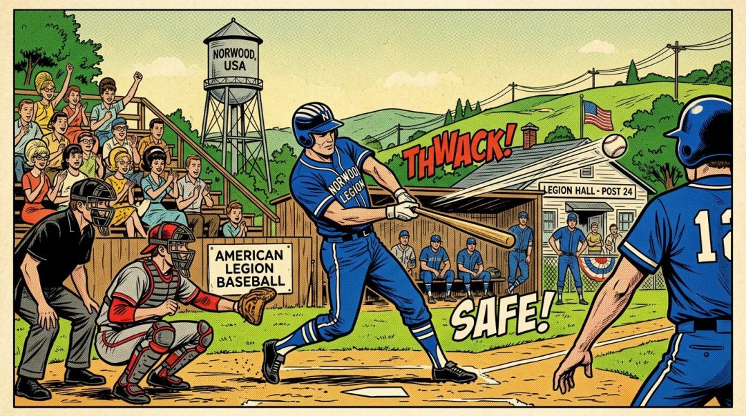 Baseball player in blue uniform hitting ball with bat at home plate with umpire, catcher, and spectators