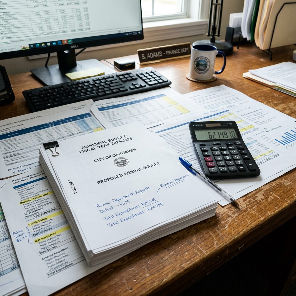 Stack of municipal budget documents titled City of Oakhaven Proposed Annual Budget with calculator and pen on desk