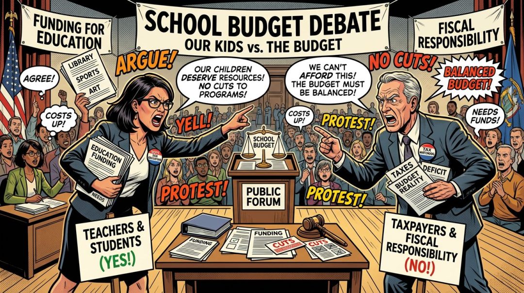 Two groups debating school budget with signs reading Teachers & Students (YES!) and Taxpayers & Fiscal Responsibility (NO!)