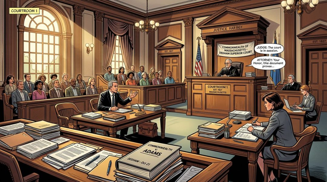 Attorney arguing in Massachusetts courtroom with judge and jury
