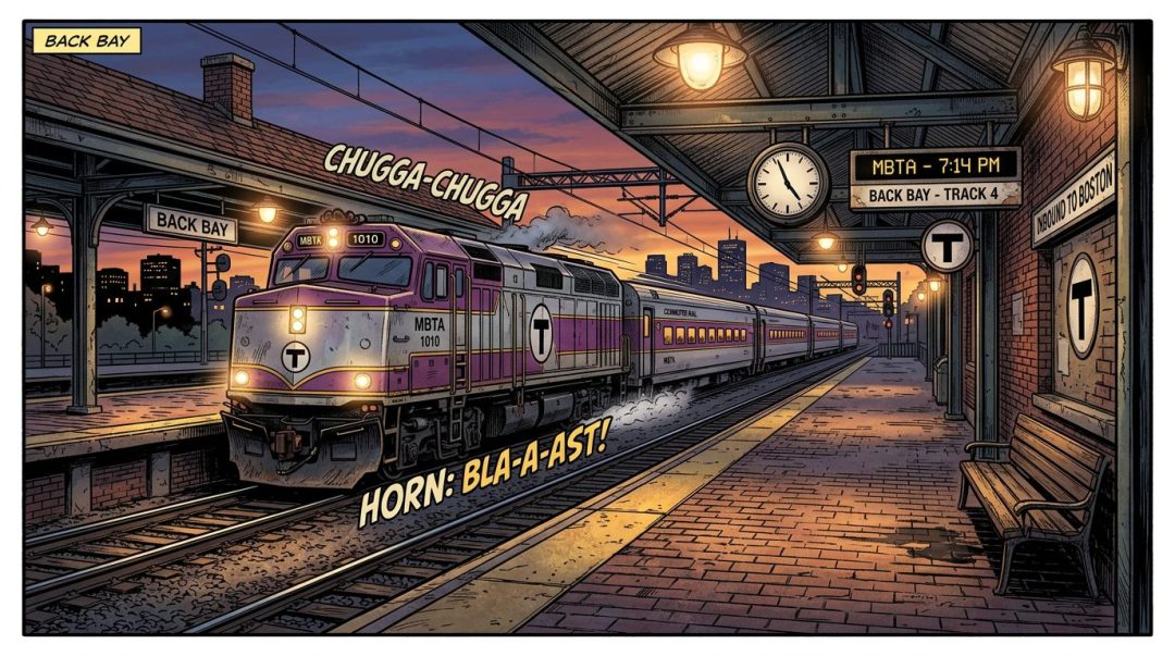 MBTA train numbered 1010 at Back Bay station platform at 7:14 PM inbound to Boston