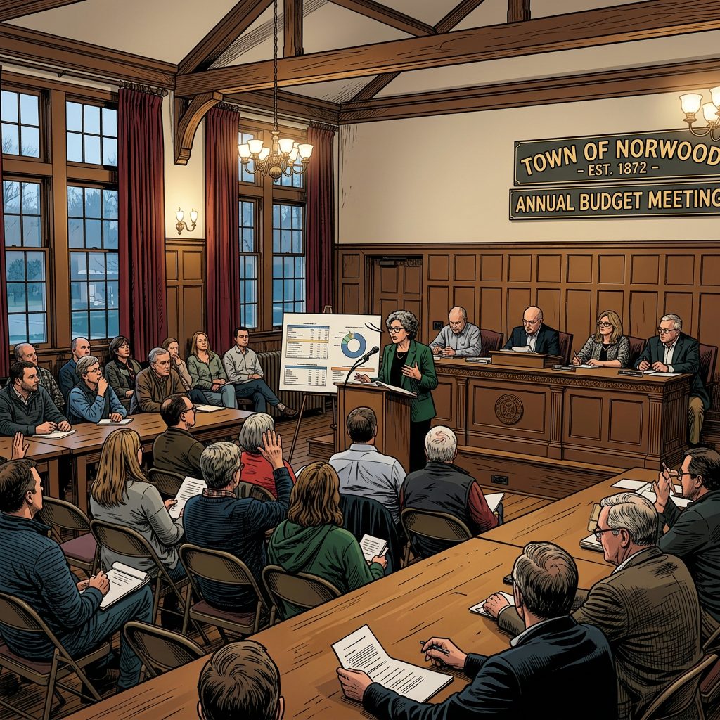 Woman presenting budget report to town meeting in historic chamber