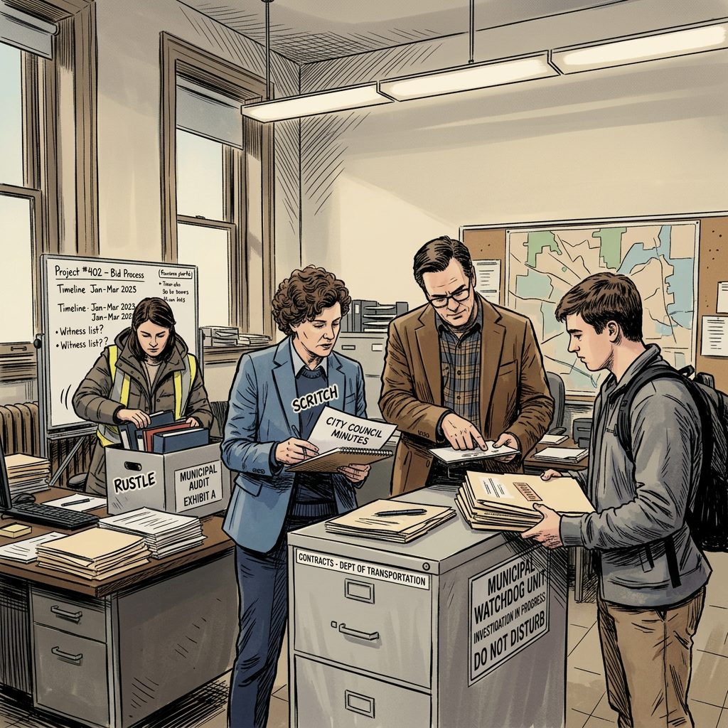 Three people reviewing municipal transportation contracts and documents in an office with filing cabinets and a map on the wall