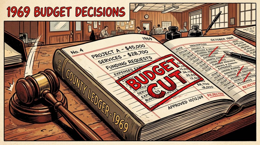 Open ledger titled County Ledger 1969 with budget requests marked 'Budget Cut' and a judge's gavel on a wooden desk