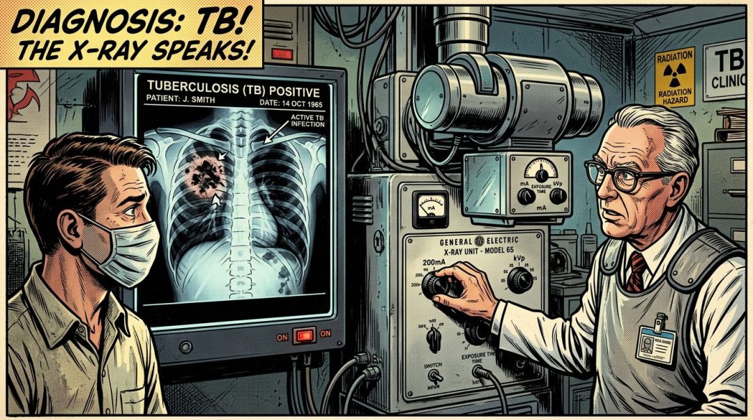 Doctor adjusting vintage X-ray machine diagnosing tuberculosis from a chest X-ray