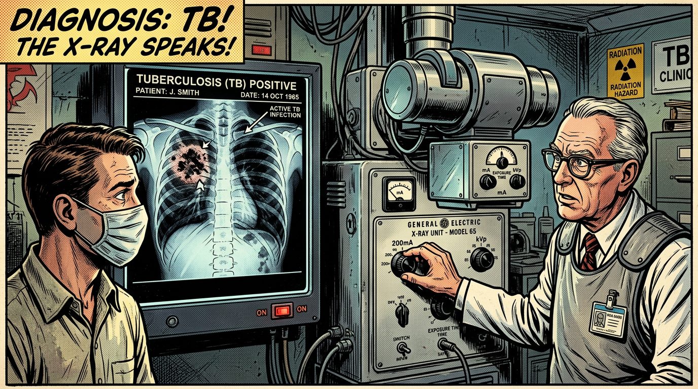 Doctor adjusting vintage X-ray machine diagnosing tuberculosis from a chest X-ray