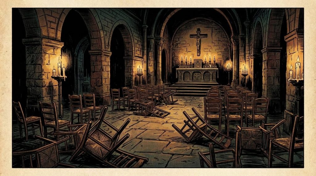 Dimly lit chapel interior with overturned wooden chairs and lit candles on altar