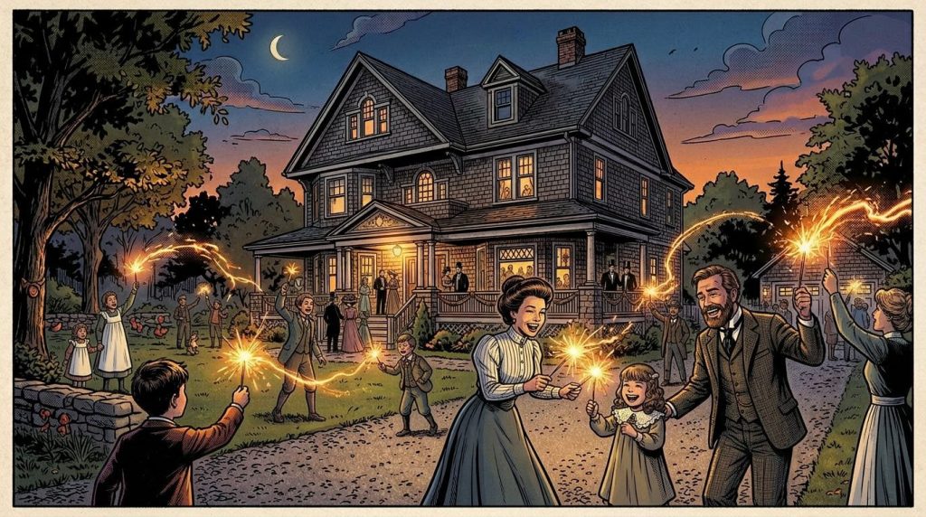 Family members holding sparklers outdoors in front of a large house at dusk