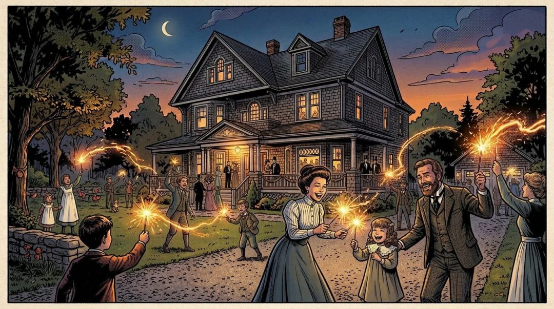 Family members holding sparklers outdoors in front of a large house at dusk