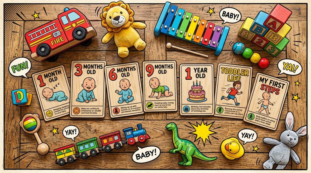 Baby milestone cards from 1 month to walking surrounded by toys including a fire truck, lion, xylophone, blocks, train, dinosaur, duck, rattle, and rabbit.