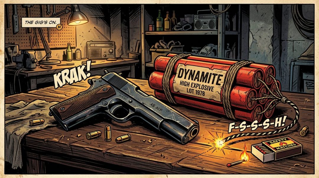 A handgun and a bundle of dynamite sticks with a lit fuse on a wooden workbench in a dimly lit workshop