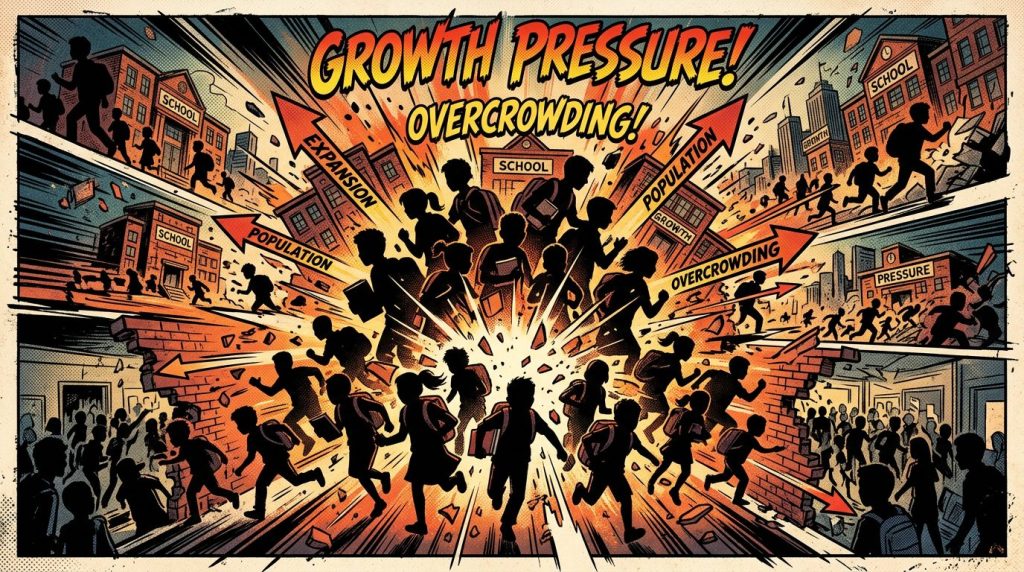 Silhouettes of students running through shattered walls with arrows labeled growth, population, overcrowding, and expansion in a school-themed comic style