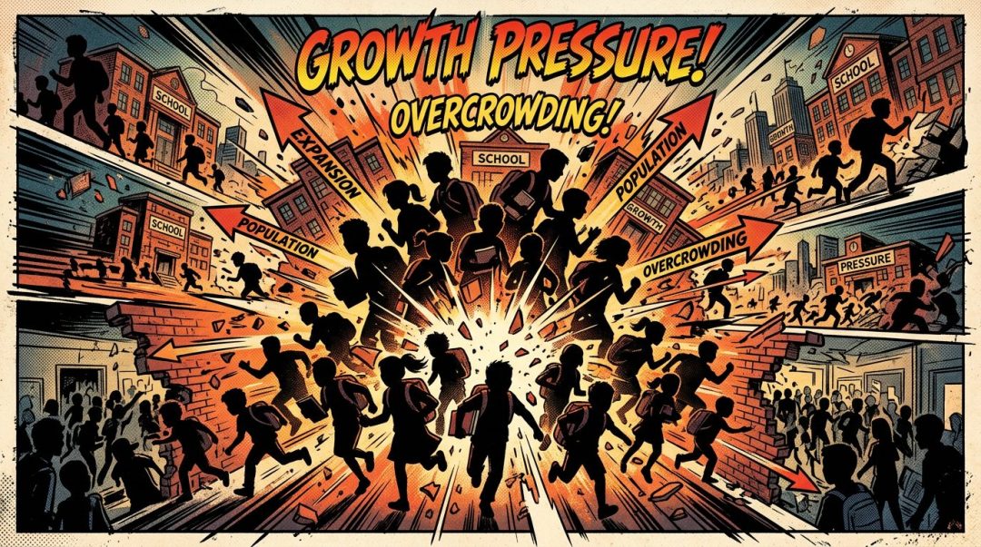 Silhouettes of students running through shattered walls with arrows labeled growth, population, overcrowding, and expansion in a school-themed comic style