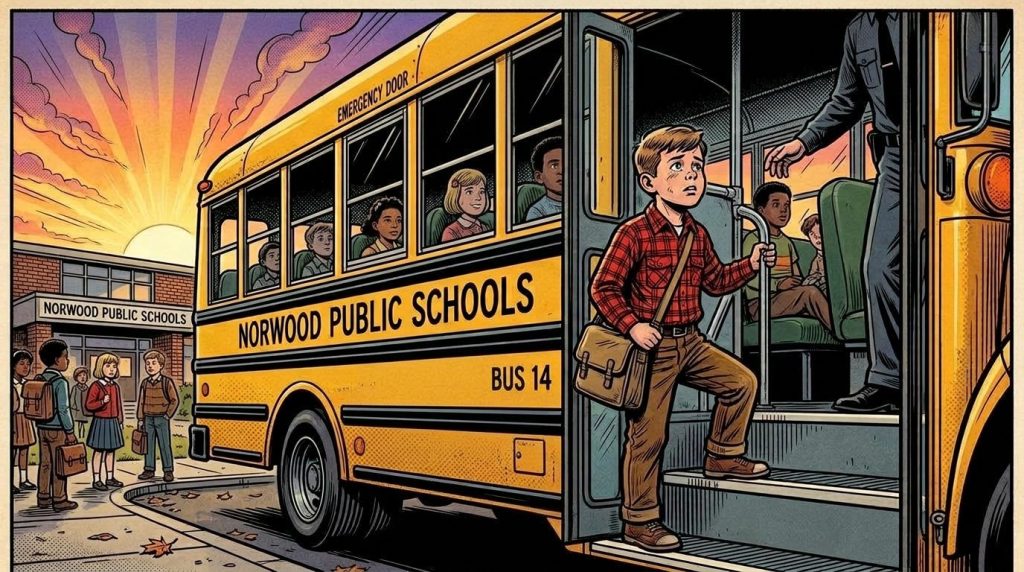 Yellow school bus at Oakwood Elementary School entrance with students walking