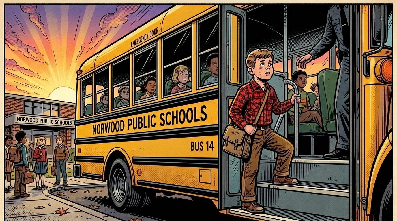 Yellow school bus at Oakwood Elementary School entrance with students walking