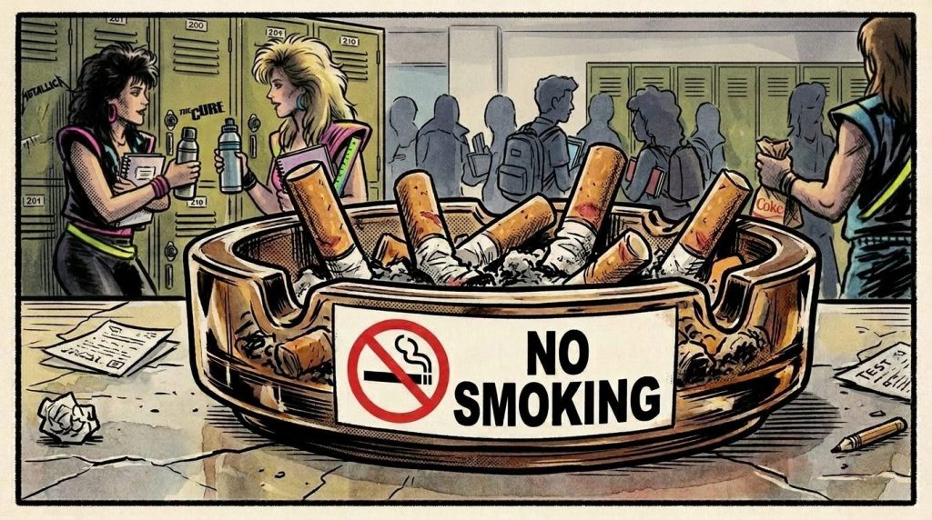 Ashtray filled with cigarette butts labeled 'No Smoking' with people drinking and smoking in background