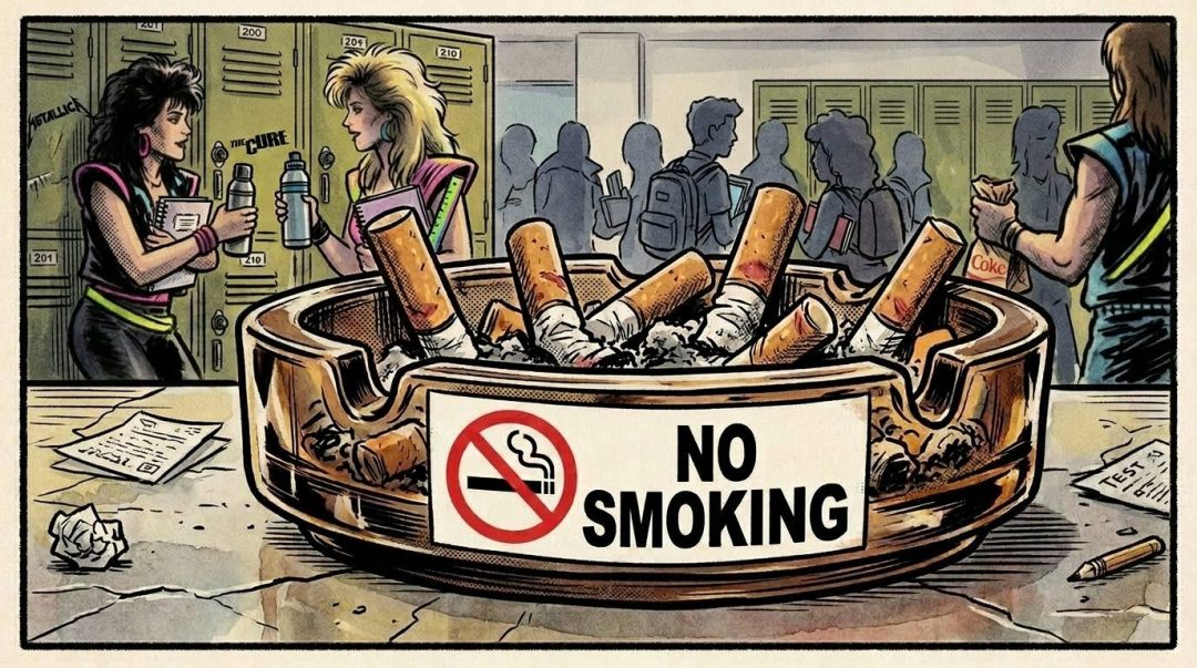 Ashtray filled with cigarette butts labeled 'No Smoking' with people drinking and smoking in background