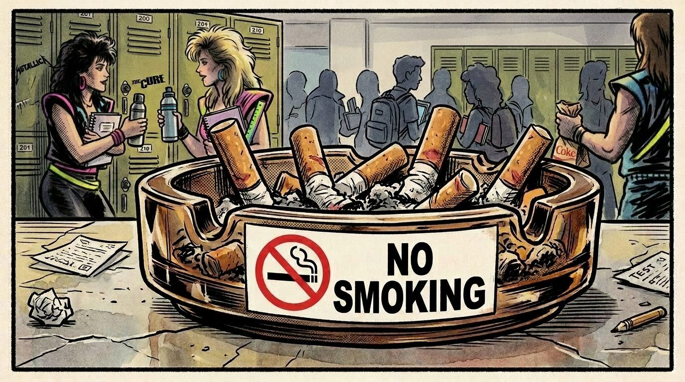 Ashtray filled with cigarette butts labeled 'No Smoking' with people drinking and smoking in background