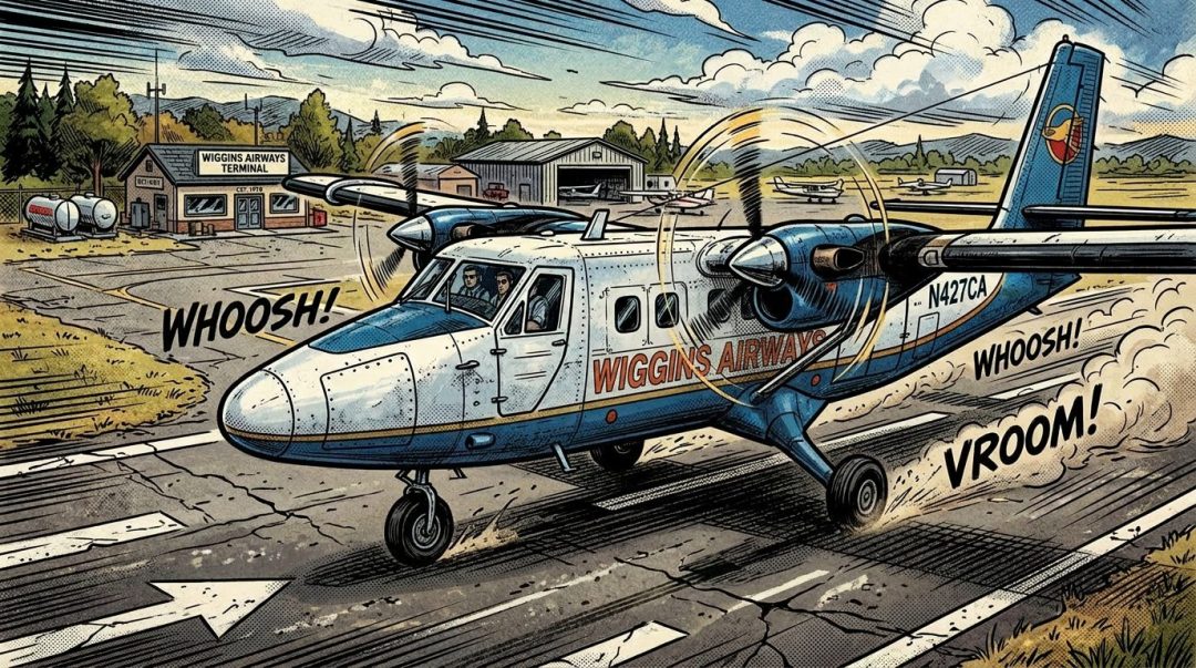 Twin-engine Chieftain Air plane with pilots starting takeoff on cracked runway