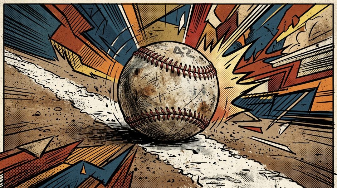Worn baseball striking ground with colorful explosion lines