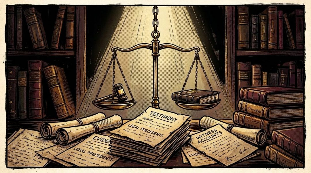 Scales of justice balanced with a gavel and a book, surrounded by legal papers and books
