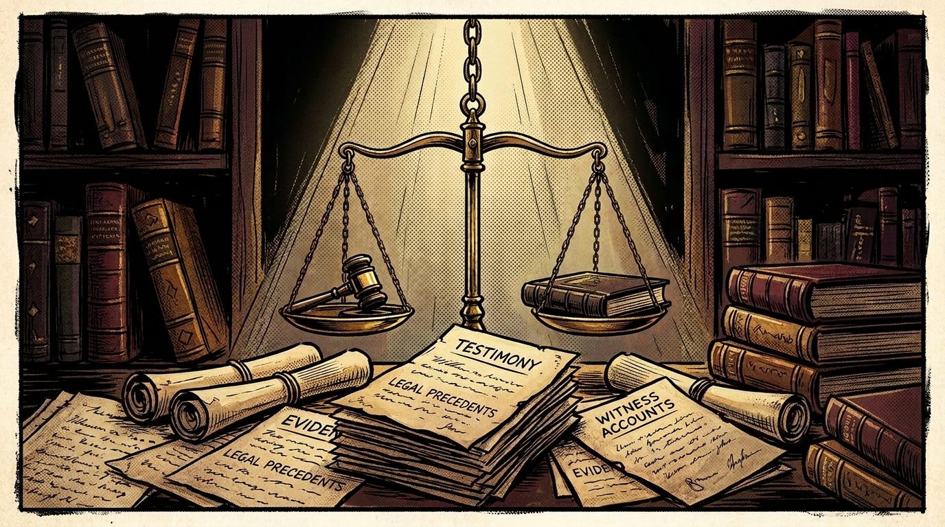 Scales of justice balanced with a gavel and a book, surrounded by legal papers and books