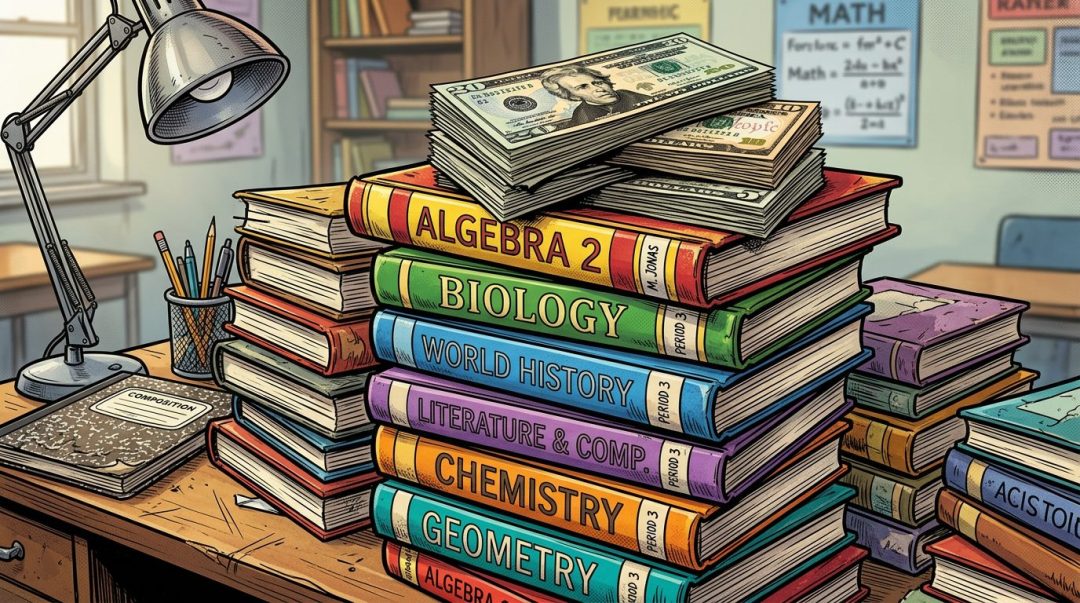 Stacked textbooks for school subjects topped with bundles of cash in a classroom