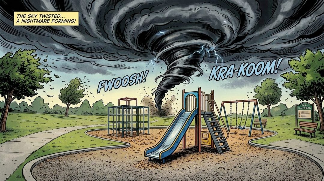 A tornado forming over a playground with children and adults running away in panic