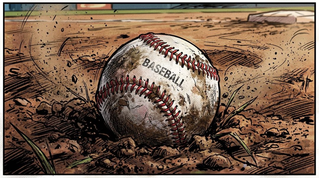 Dirty baseball with red stitching lying on a dirt baseball field, creating dust and grass blades around it